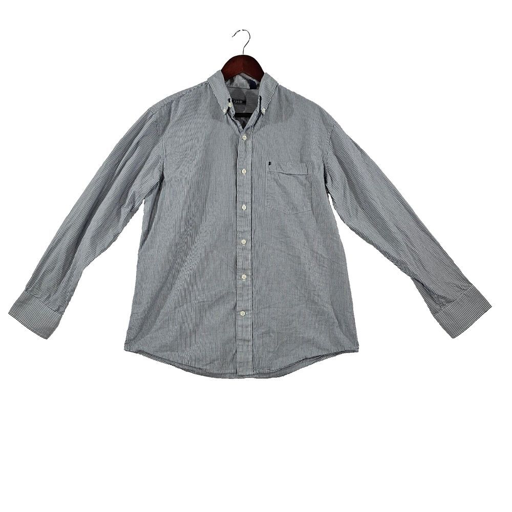 IZOD Mens‎ Dress Shirt Button Up Long Sleeves Pocket Logo Gingham Gray White M